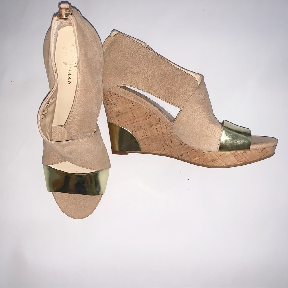Cole Haan Nike air nude and gold wedges.